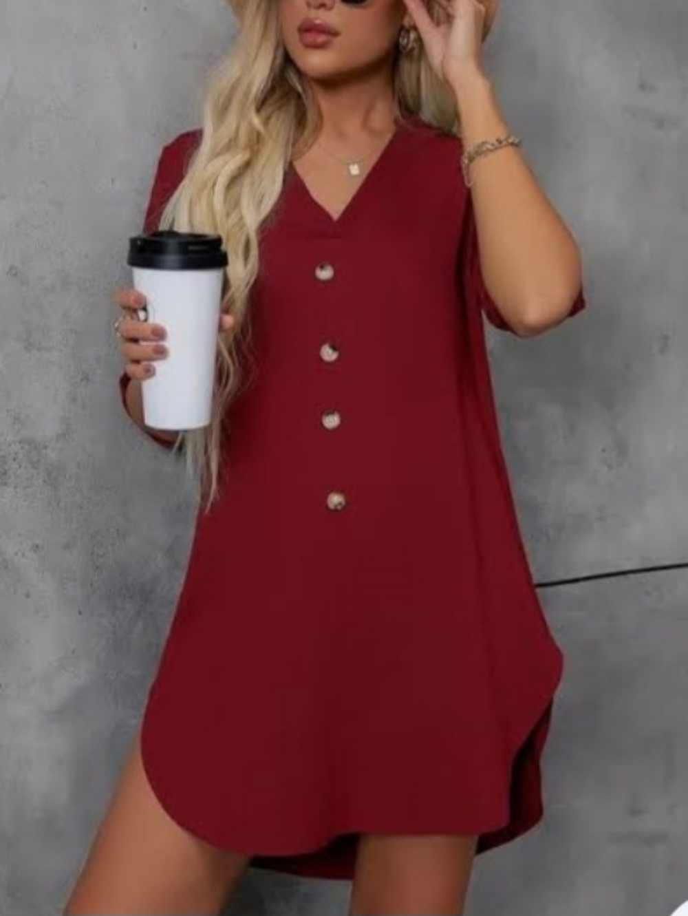 Shein's Red Button-Up Top, Dress, Tunic Size Medium 6